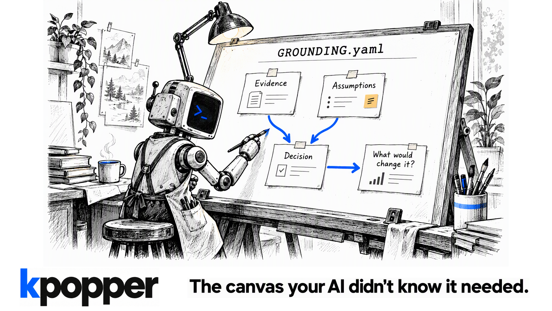 kpopper: a robot connects evidence, assumptions, decisions and what would change them on a GROUNDING.yaml canvas.